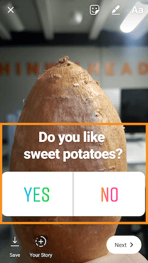 Finally, customize your poll's message and size, and hit the "+" button ("Your Story") to add to your story.